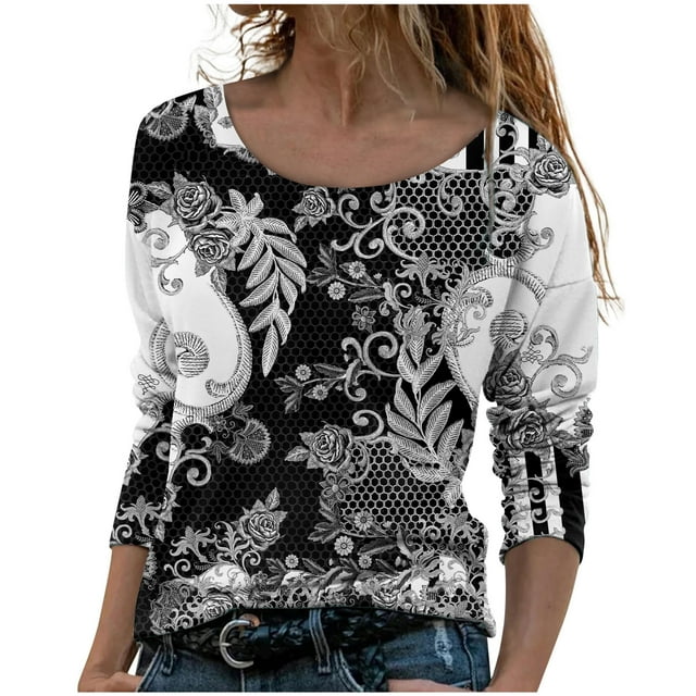 IROINID T-Shirts à Manches Longues Réduits pour Femmes, Col Rond Imprimé, Blouse d'Automne, Gris Foncé