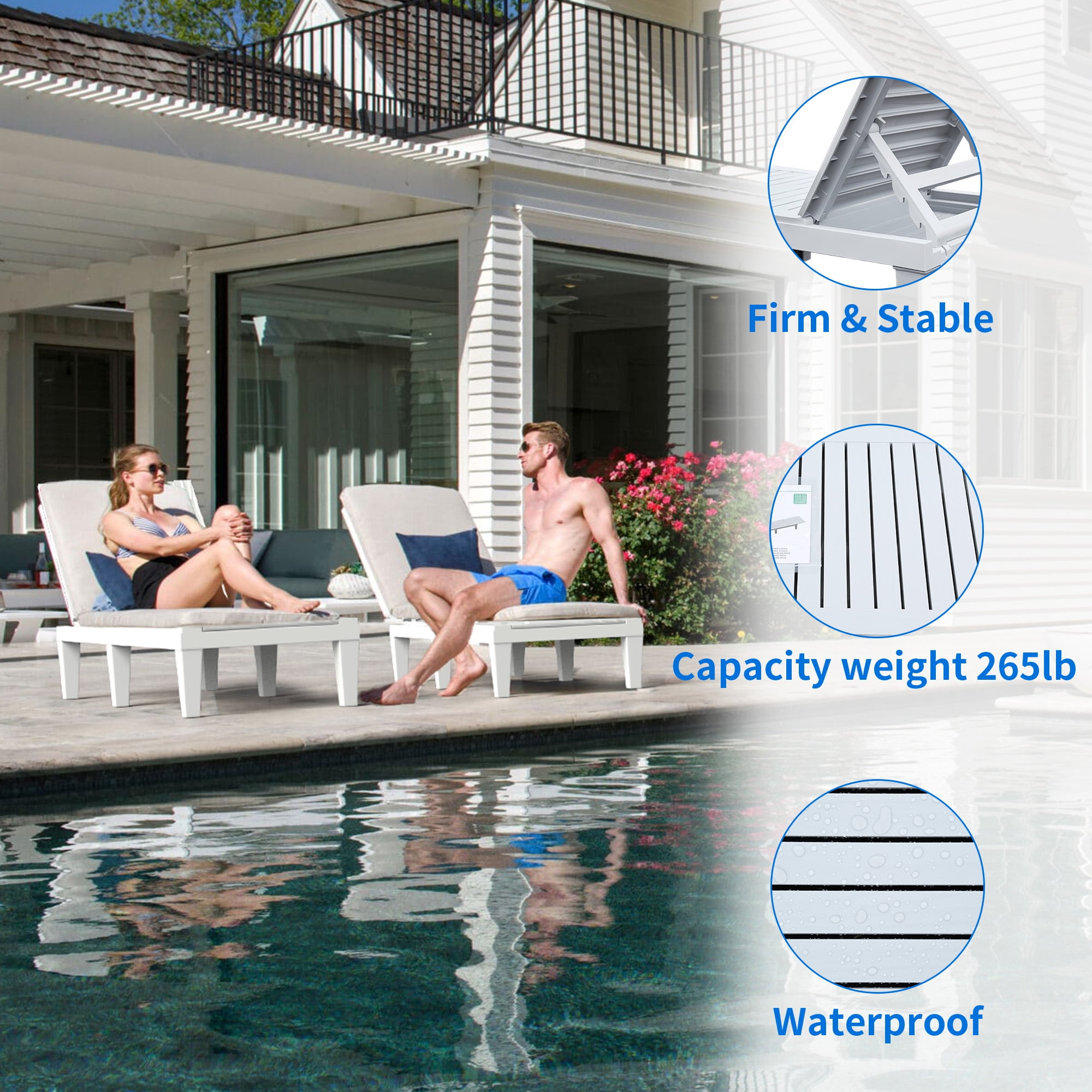 Uforic 2 Pcs Outdoor Lounge Chairs, Sturdy Chaise Loungers with Adjustable Backrest for Patio & Poolside