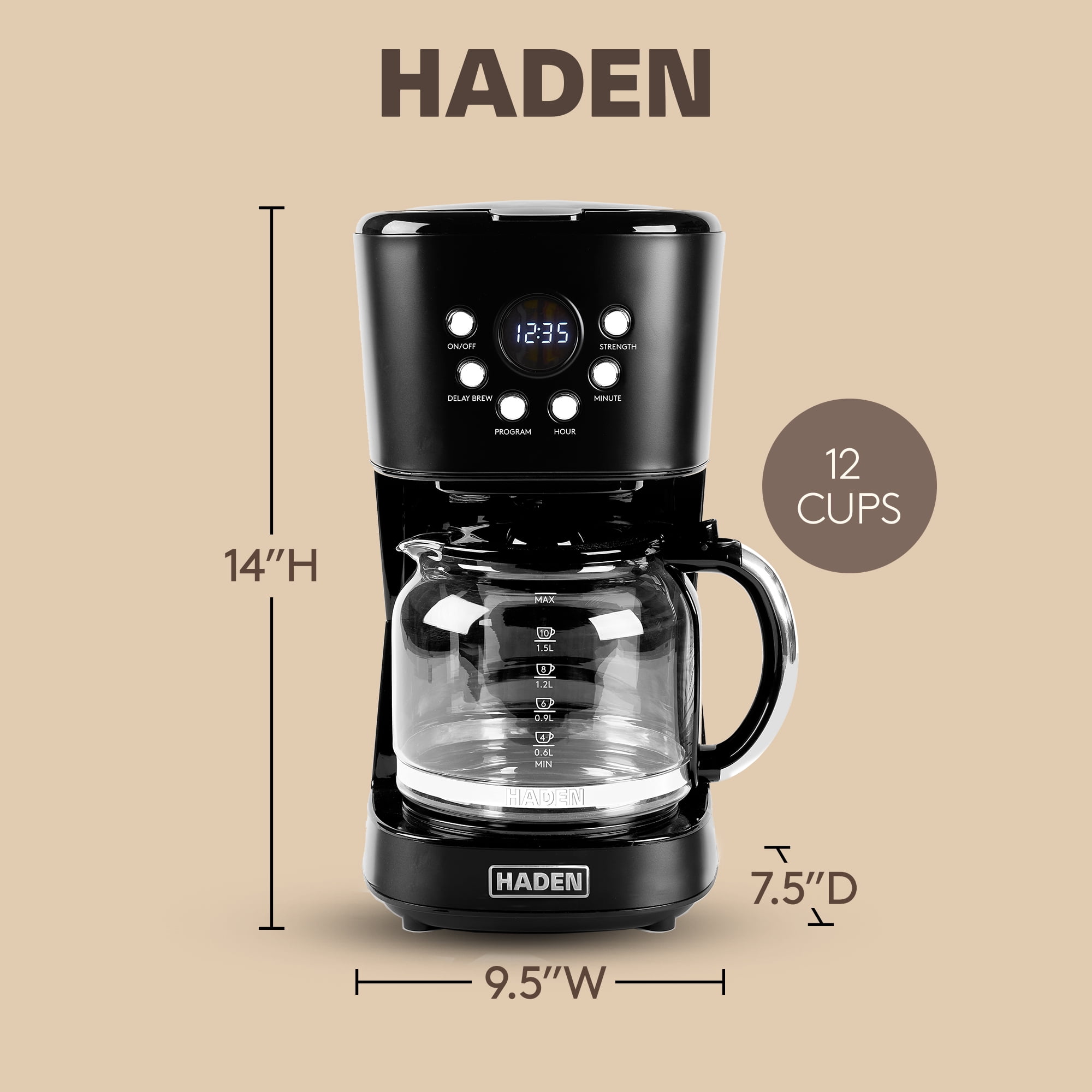 Open Box Haden Heritage 12 Cup Retro Coffee Maker Machine, Black/Chrome
