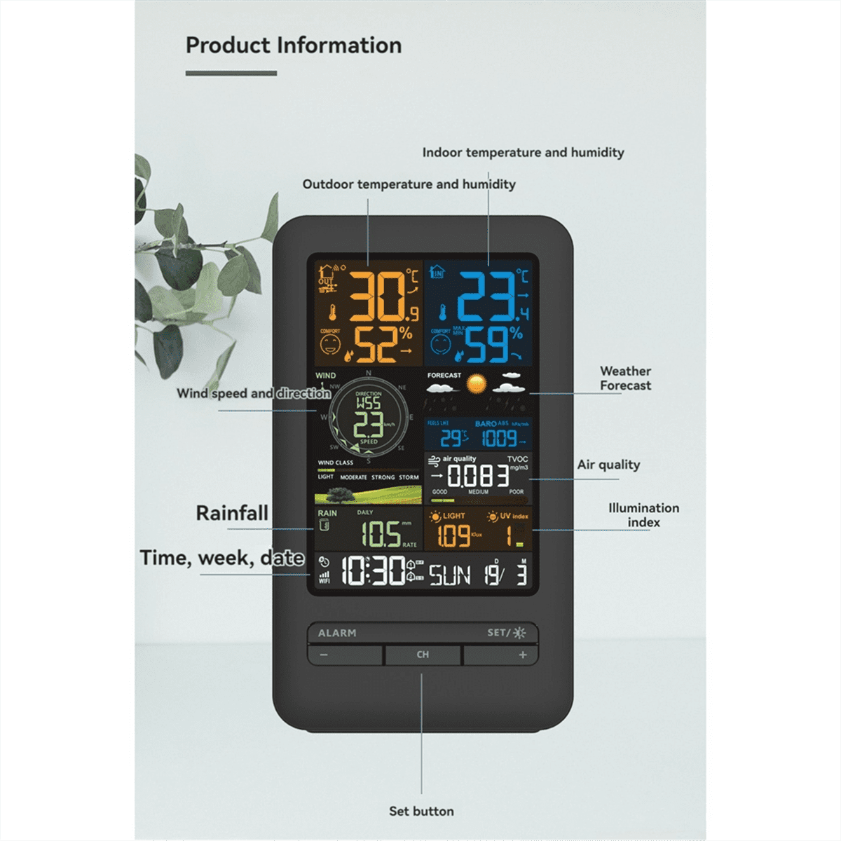 Tuya Weather Station Alarm Wifi Digital Wind Speed Direction Rainfall Light Index Air Quality Temperature Humidity Meter,Photo Color