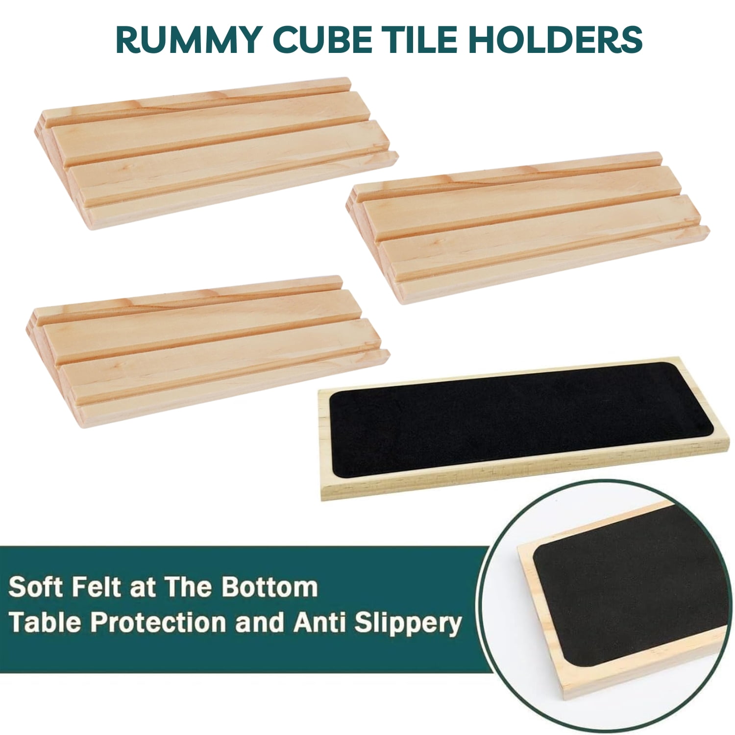 WAAYEE 4 Pack Wooden Rummy Game Racks Trays, Replacement Holders Compatible with Rummikub & Rummy Cube Games (Racks Only)