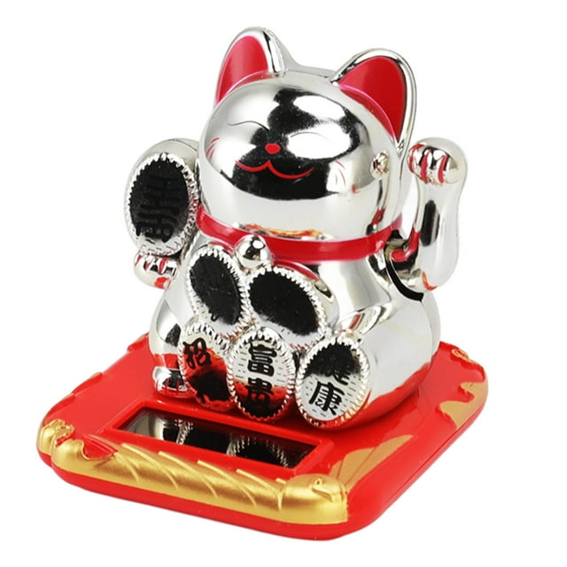 Adorno de Gato de la suerte con energía solar kangjianwuwushu que saluda y da la bienvenida a la riqueza carácter chino plateado