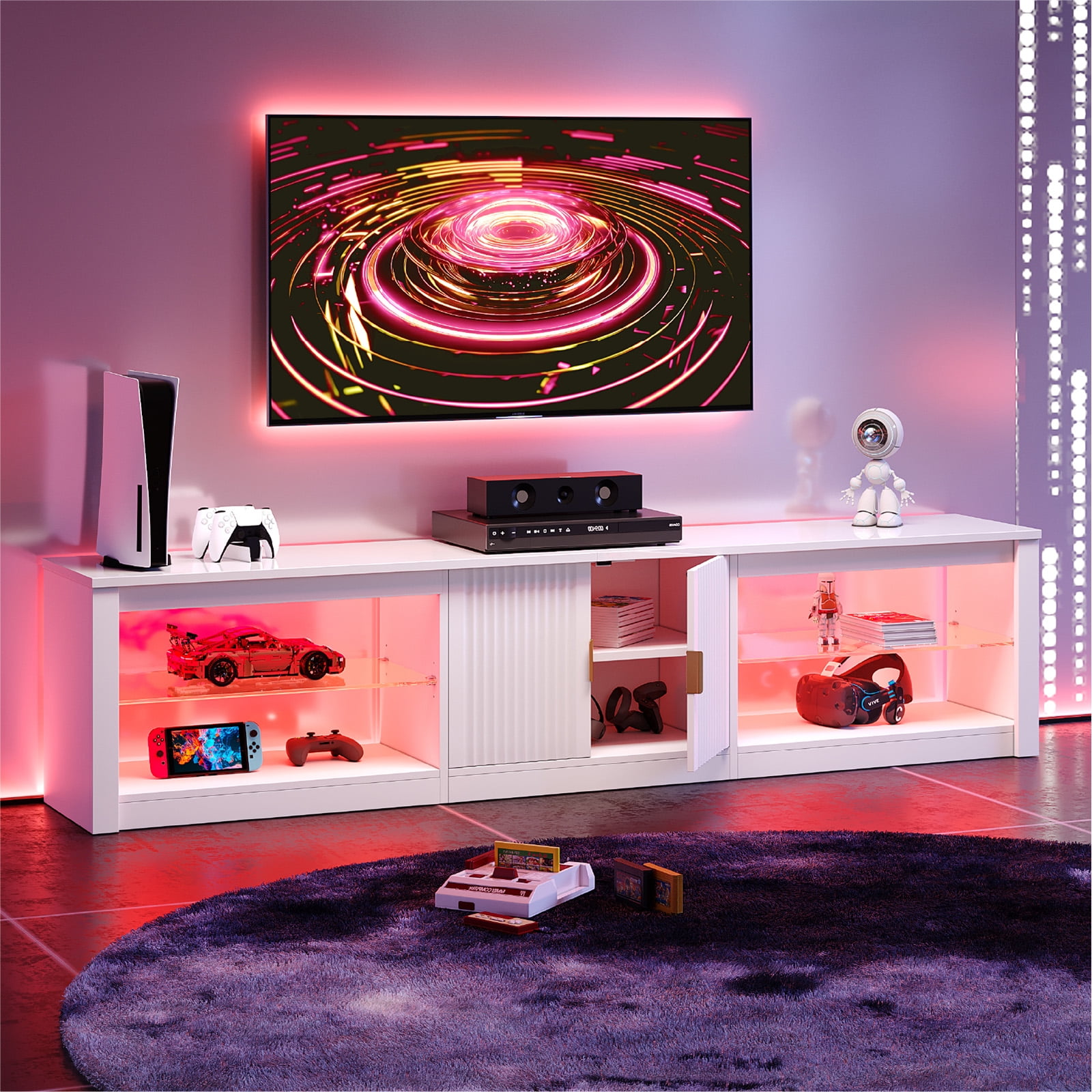 Bestier 80 inch TV Stand for TVs up to 85", High Gloss Entertainment Center with LED Lights & Storage Cabinet, Modern Fluted TV Console, White
