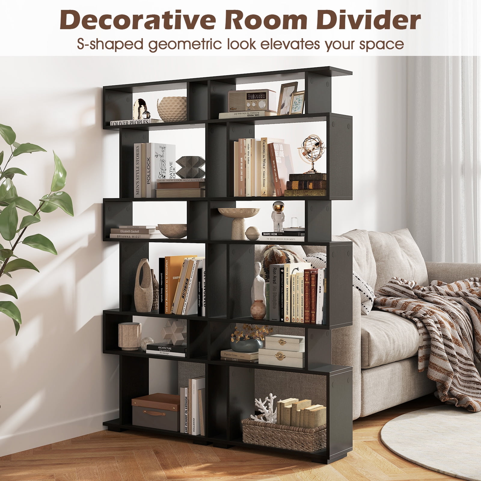 Costway 6-tier Storage Bookshelf S-shaped Geometric Bookcase with Anti-toppling Kits Black
