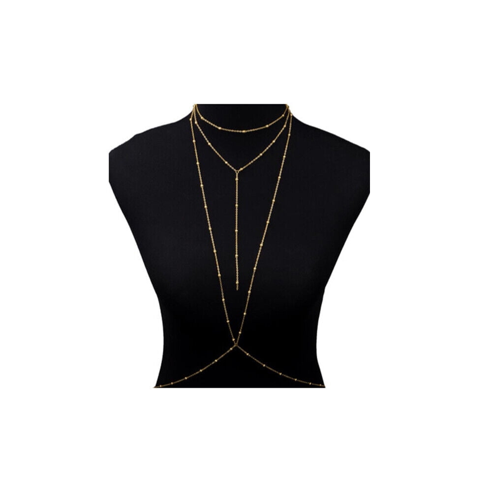 Body Chain Gold Plated Beaded Choker Necklace Chest Body Harness