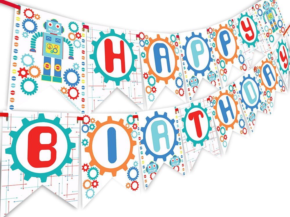 Robot Happy Birthday Banner Pennant - Vintage Robot Party Decorations