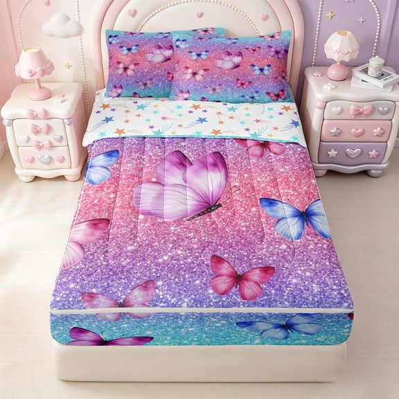 Erosebridal Rainbow Cute Butterfly Zipper Twin Comforter Sets with Fitted Sheet and 2 Pillowcases,Sparkle Print Ombre Zipper Bedding Set For Girls,Colorful Stars Reversible,4pcs