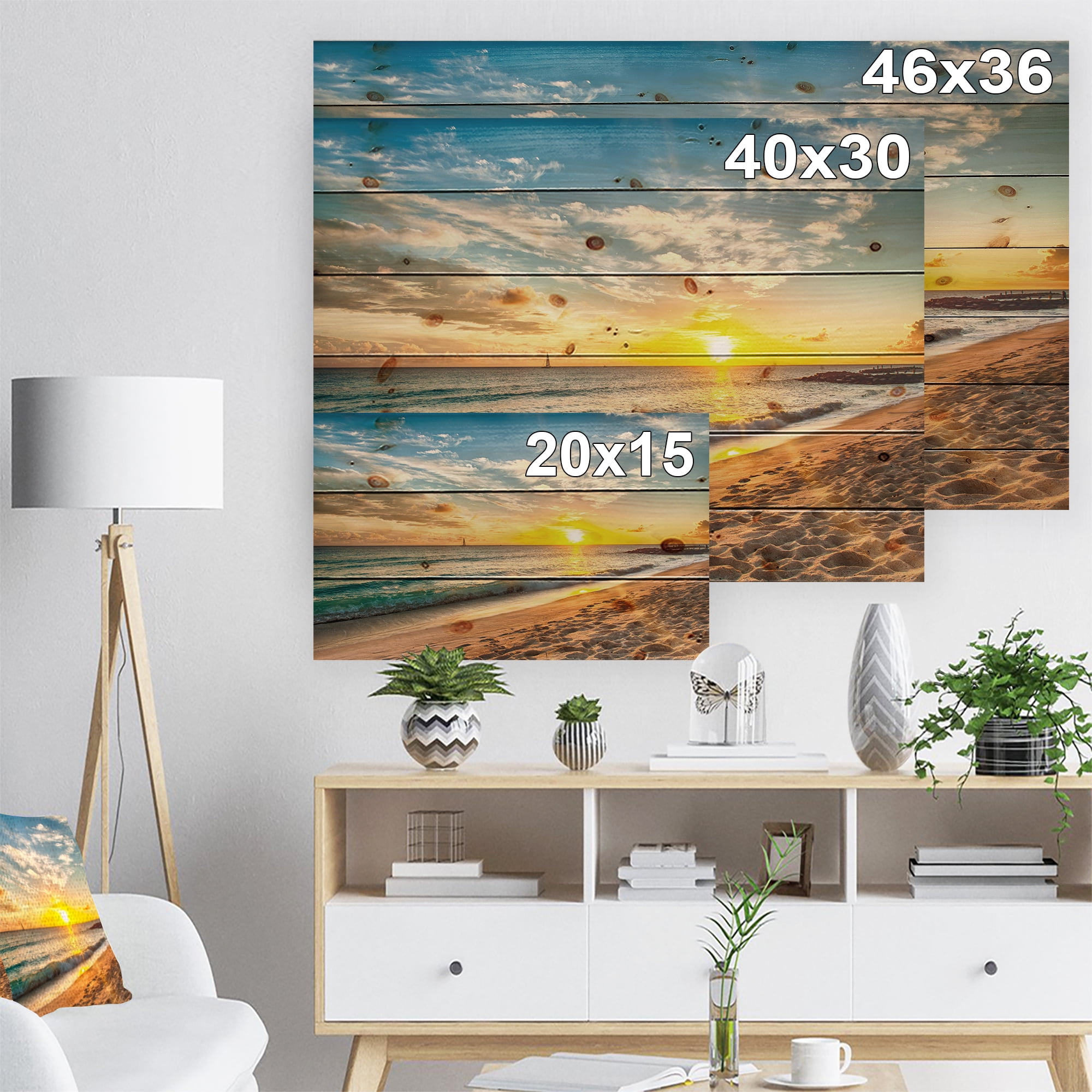 Designart 'White Beach in Island of Barbados' Modern Seascape Print on Natural Pine Wood
