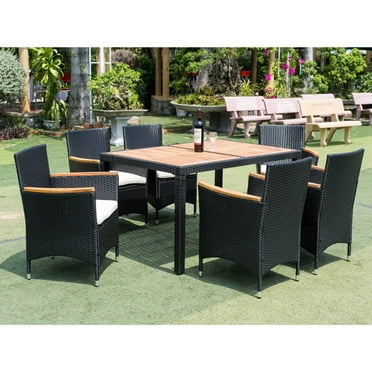 Hassch 7 piece Outdoor Patio Wicker Dining Set Patio Wicker Furniture Dining Set w/Acacia Wood Top
