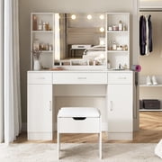 Vabches Modern Vanity Desk Set with Large Mirror and Stool, Large Makeup Table Set with 3 Drawers, 2 Cabinets & Storage Stool, Adjustable Lighting Colors