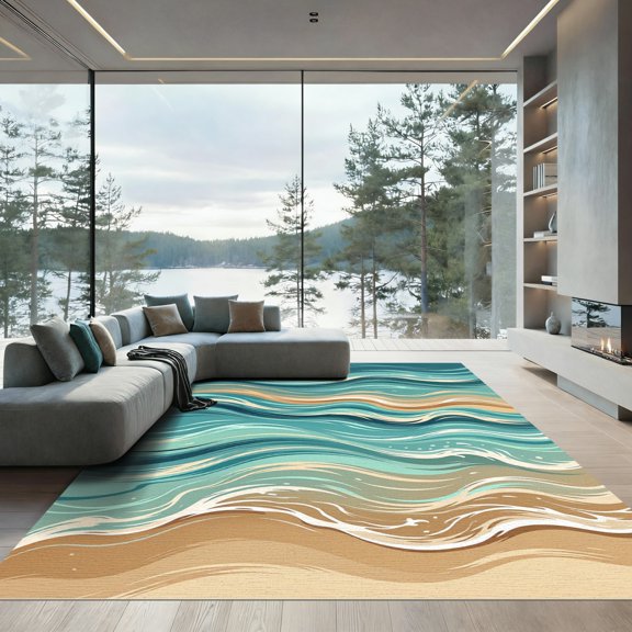 ODIKA 4'x6' Machine Washable Non-Slip Area Rug, Abstract Teal High Traffic Rug, Blue, 984306