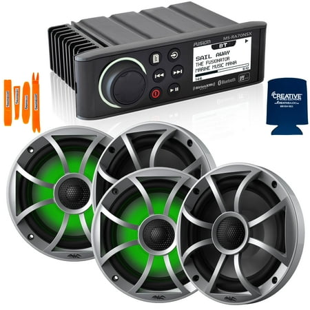 Fusion MS-RA70NSX Marine AM/FM/BT/NEMA2000 Stereo with 2 Pair Wet Sounds RECON 6-S RGB High Output 6.5 RGB Lighting Marine Coaxial Speakers Silver Grill