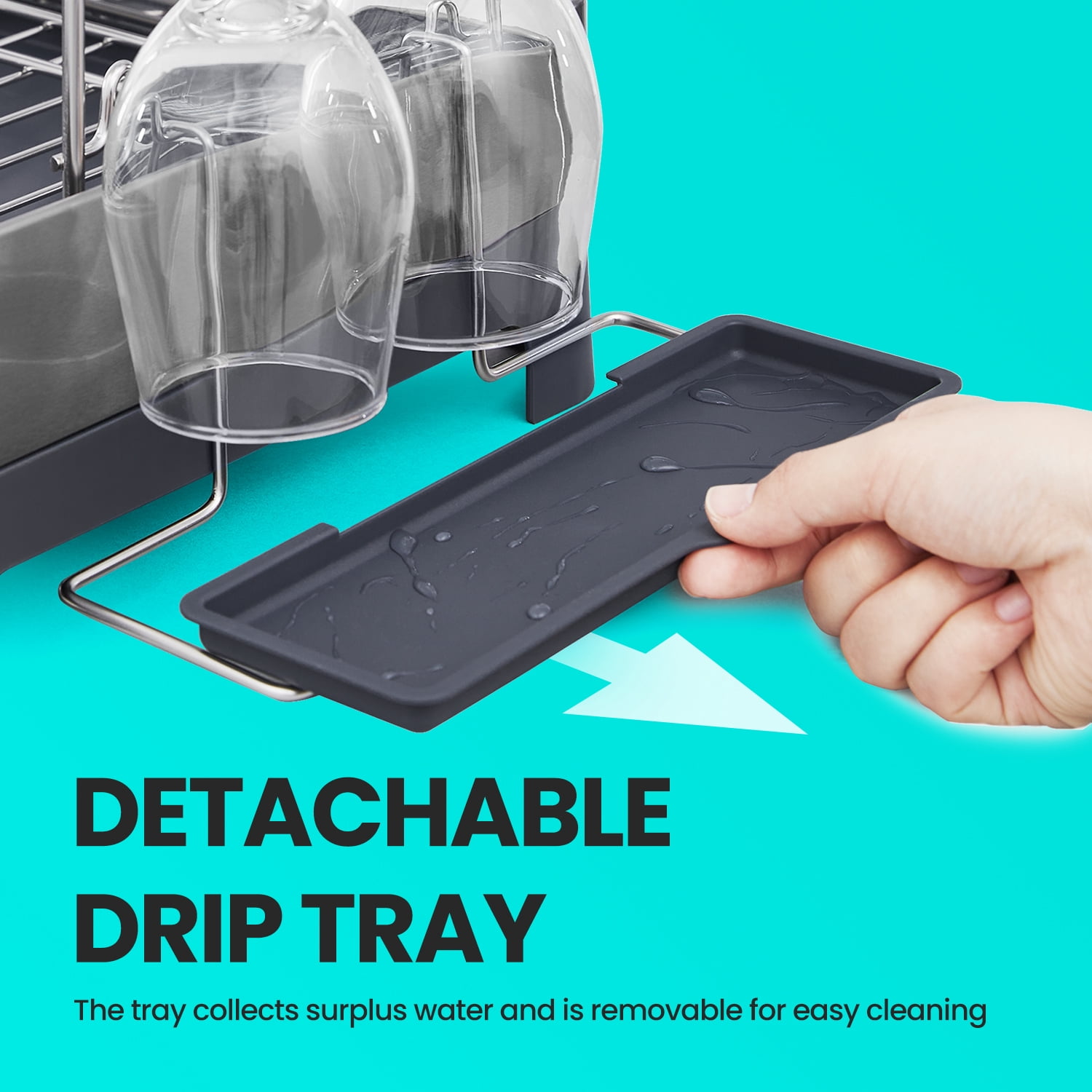 LEDREM 2-Tier Stainless Steel Dish Rack - Space Saving Design with Rotating Spout, Complete Drying System, Utensil & Glass Holders, Silver and Gray