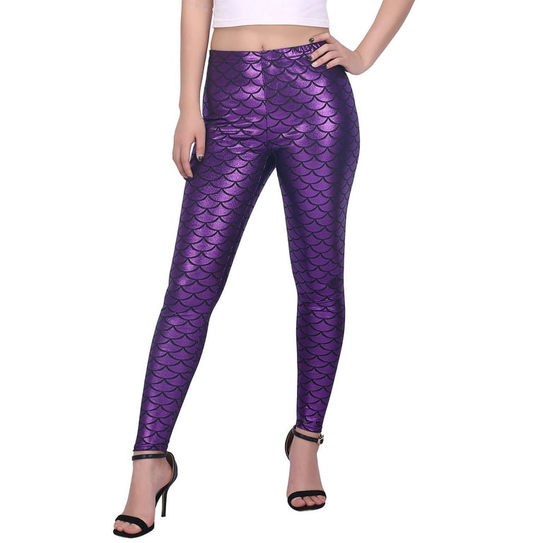 HDE Womens Shiny Leggings Mermaid Metallic Glitter Fish Scale Stretch Pants  S-XL (Purple, Medium) 