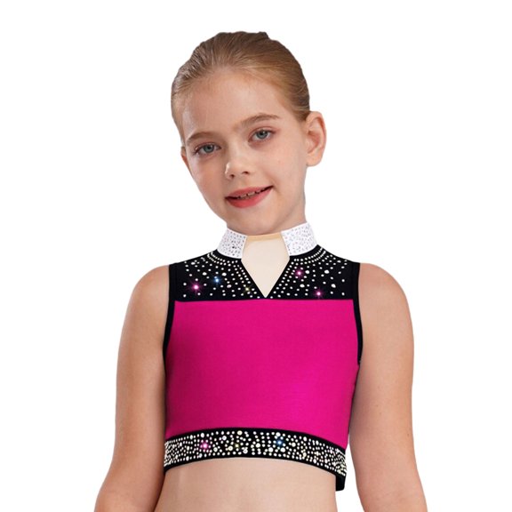 Doomiva Kids Girls Sparkly Rhinestone Halter Sleeveless Jazz Modern Ballet Dance Crop Tank Tops Performance Vest Shirt Hot Pink 14