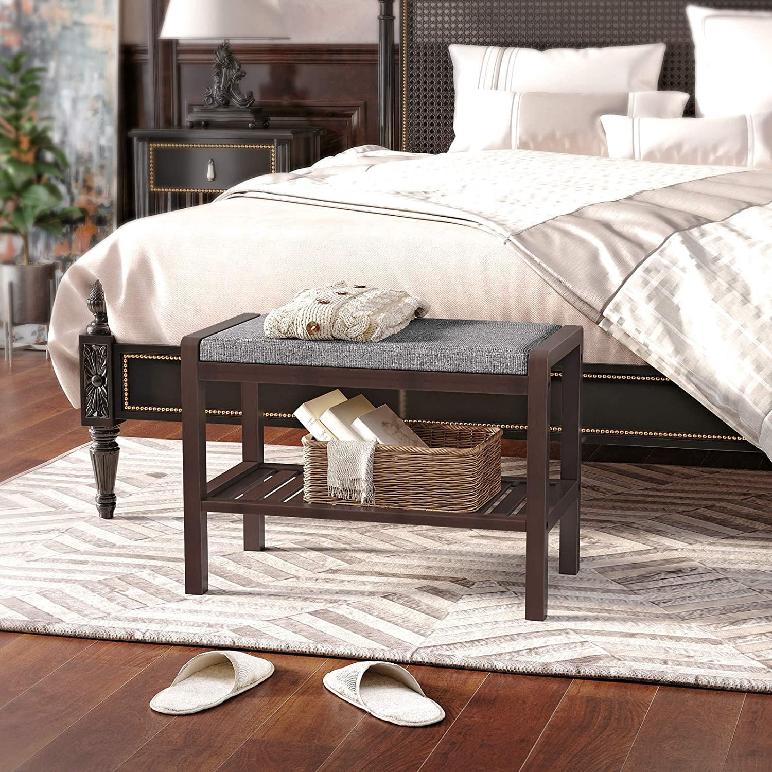 SONGMICS Bamboo Shoe Bench Rack for Entryway,Brown,Gray