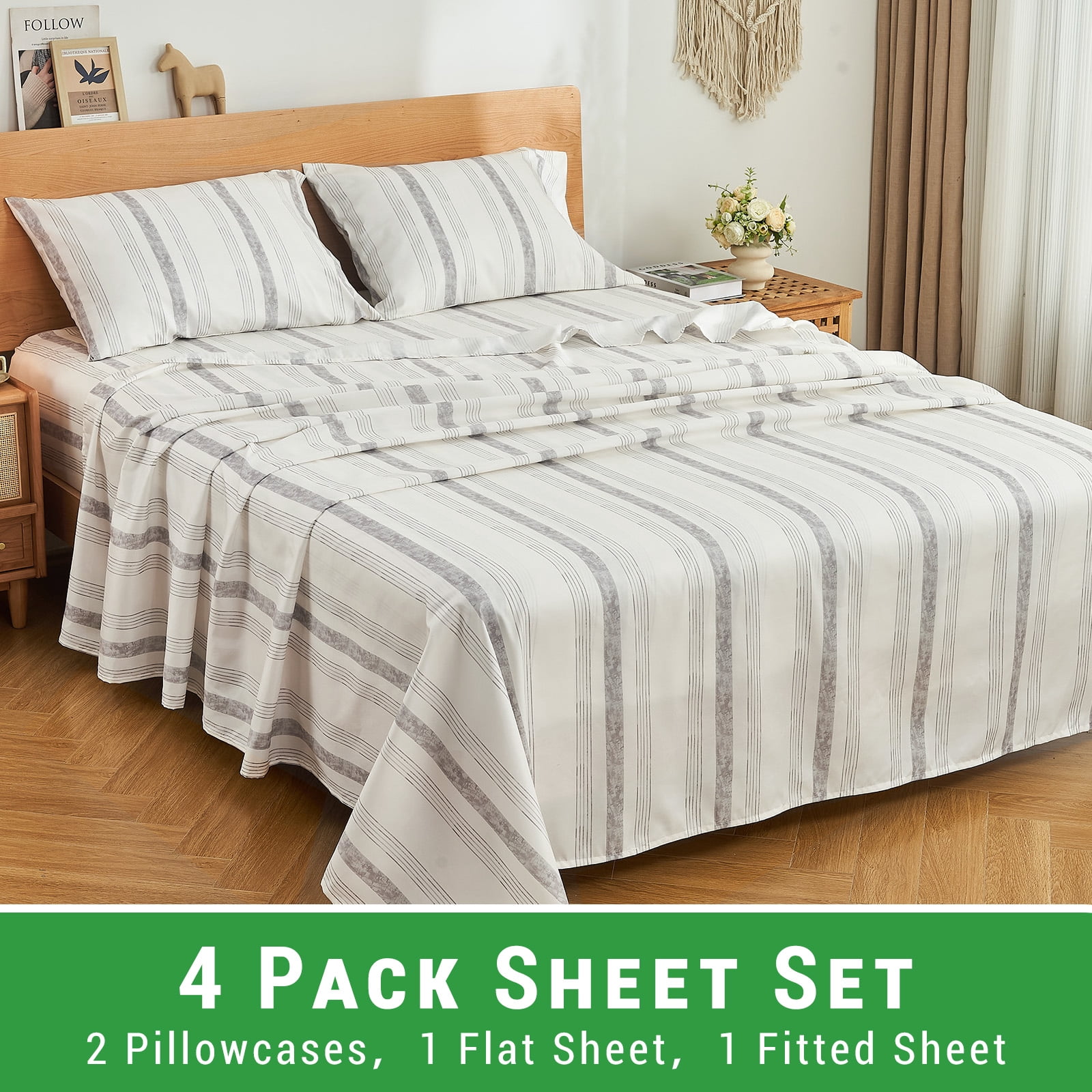 Gogreen Gray Striped Queen sheet set with Deep Pocket Fitted Sheet Set, Breathable Microfiber Printed Bedsheets