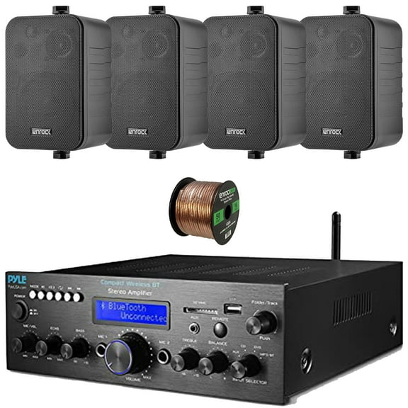 Pyle PDA612BU.5 Digital LCD Display AUX/MP3/USB/SD Bluetooth FM Radio Compact Home Audio Amplifier Receiver, 4x 4" 30W Max Power 3-Way Indoor/Outdoor Black Speakers, 50 Feet 16 Gauge Speaker Wire