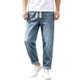 thumbnail image 4 of YLSDY Men's Roll Cuff Elastic Waist Jeans, Drawstring Design, Relaxed Fit Casual Daily Denim Pants Navy L, 4 of 9