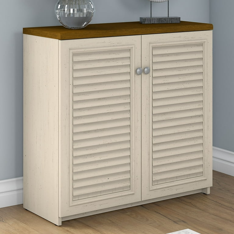Bush Furniture Fairview Small Storage Cabinet with Doors in Antique White and Tea Maple