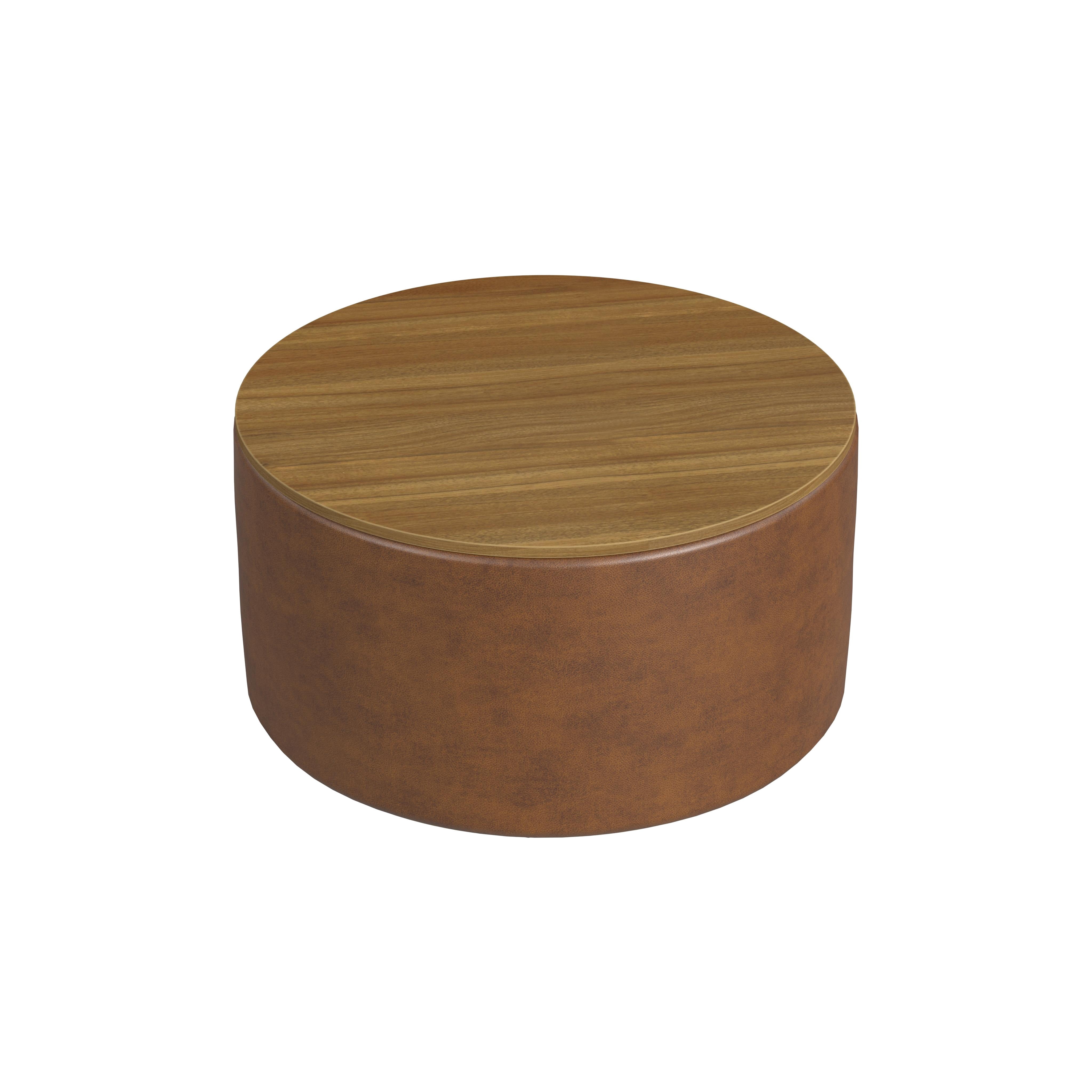 HomePop Large Modern Round Storage Ottoman with Wood Lift-Top Lid, Brown Faux Leather/Honey Oak