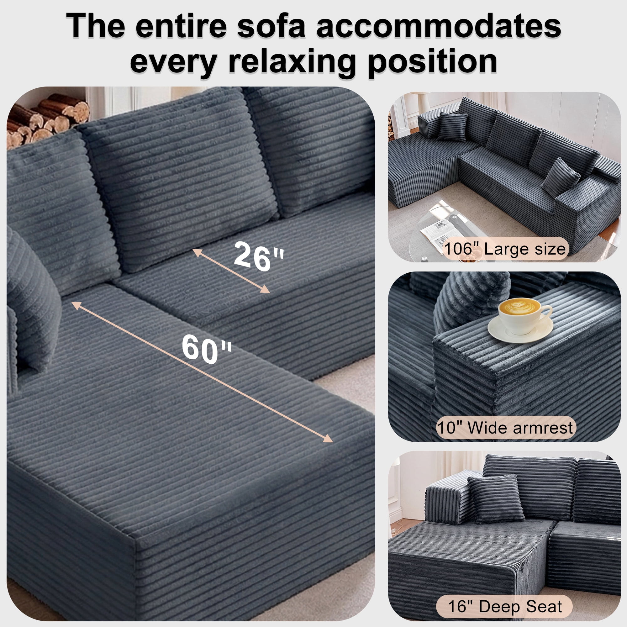Actoroom 106" Modular Sectional Couch, L-Shape Boneless Cloud Couch, 4 in 1 Convertible Upholstered Sofa for Living Room, Grey