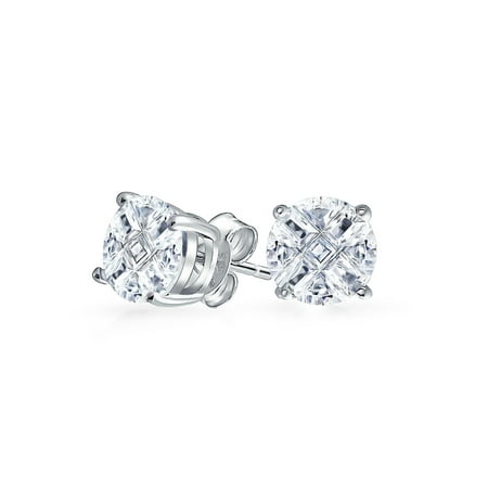 Mens Invisible Set - Bling Jewelry Mens Silver Basket Set Round Invisible Cut CZ Stud Earrings