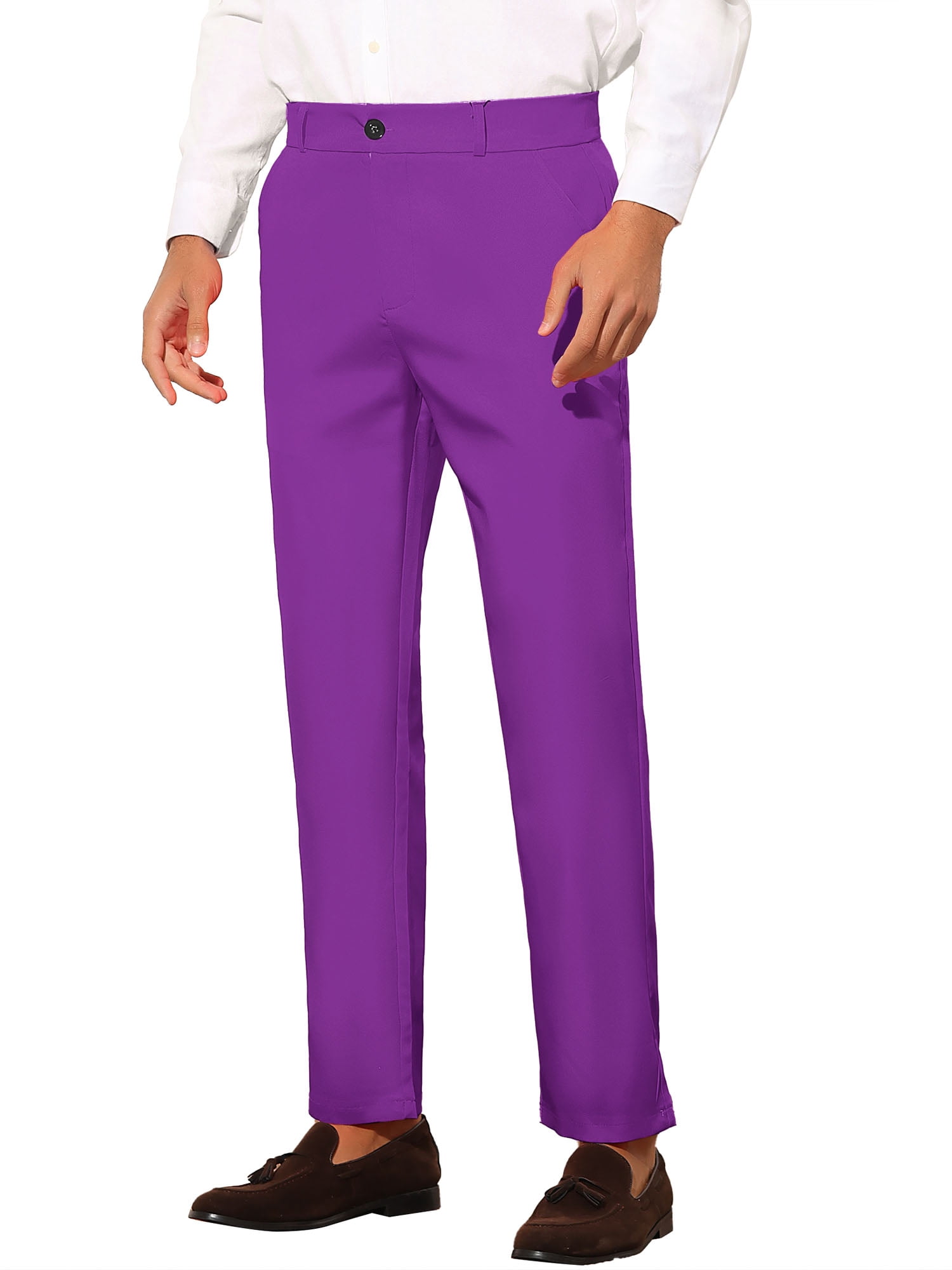 Unique Bargains Men's Slim Fit Trousers Flat Front Solid Color Business Pants 36 Purple