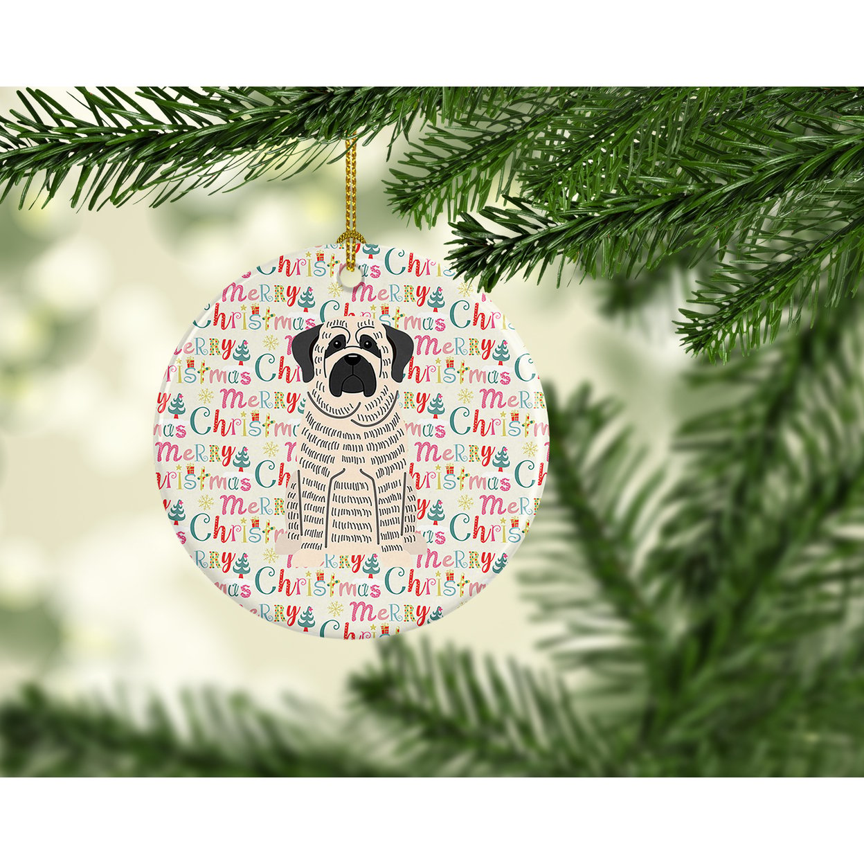 Merry Christmas Mastiff Brindle White Ceramic Ornament 2.8 in x 2.8 in