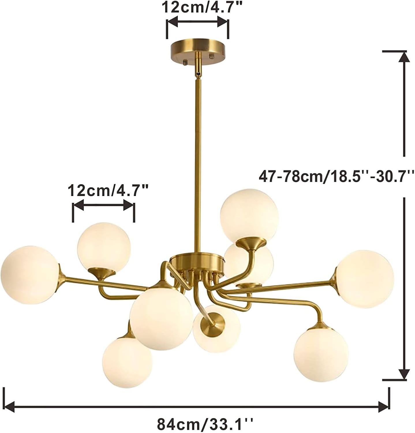 KCO Lighting 9 Light Mid Century Modern Gold Sputnik Chandelier, White Opal Glass Globe Pendant Light Fixture