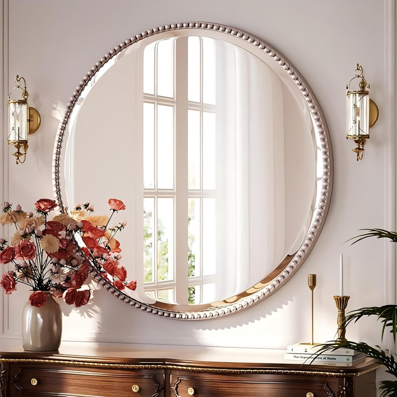 Mirrasia 36" Round Wall Mirror Decoration Hanging Mirror With Beaded Frame,Silver
