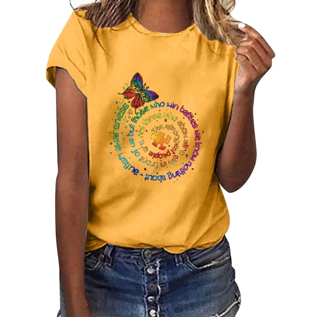 Pntutb Mujeres Casual Carta Impresión Mangas Cortas O-Cuello Camiseta Suelta Blusa tops Pntutb Pntutb-3347