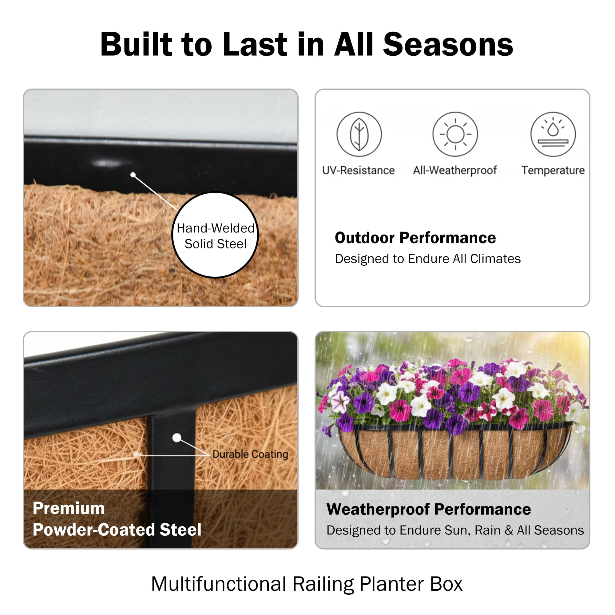 2 36 Inch Metal Wall-Mounted Window Box Railing Planter With Coco Liner