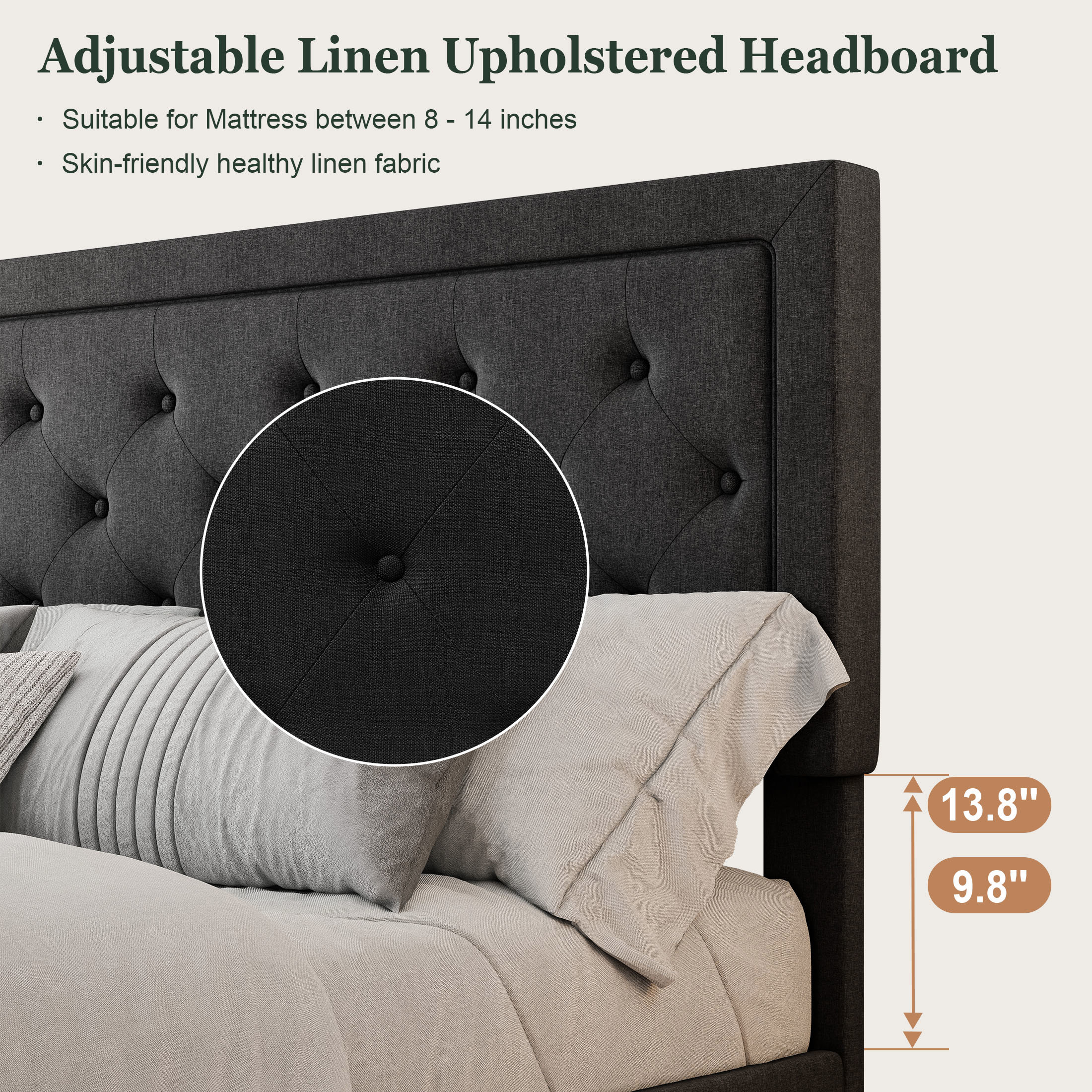 Sifurni Queen Bed Frame Upholstered Platform Bed with Adjustable Headboard, No Box Spring Needed, Black