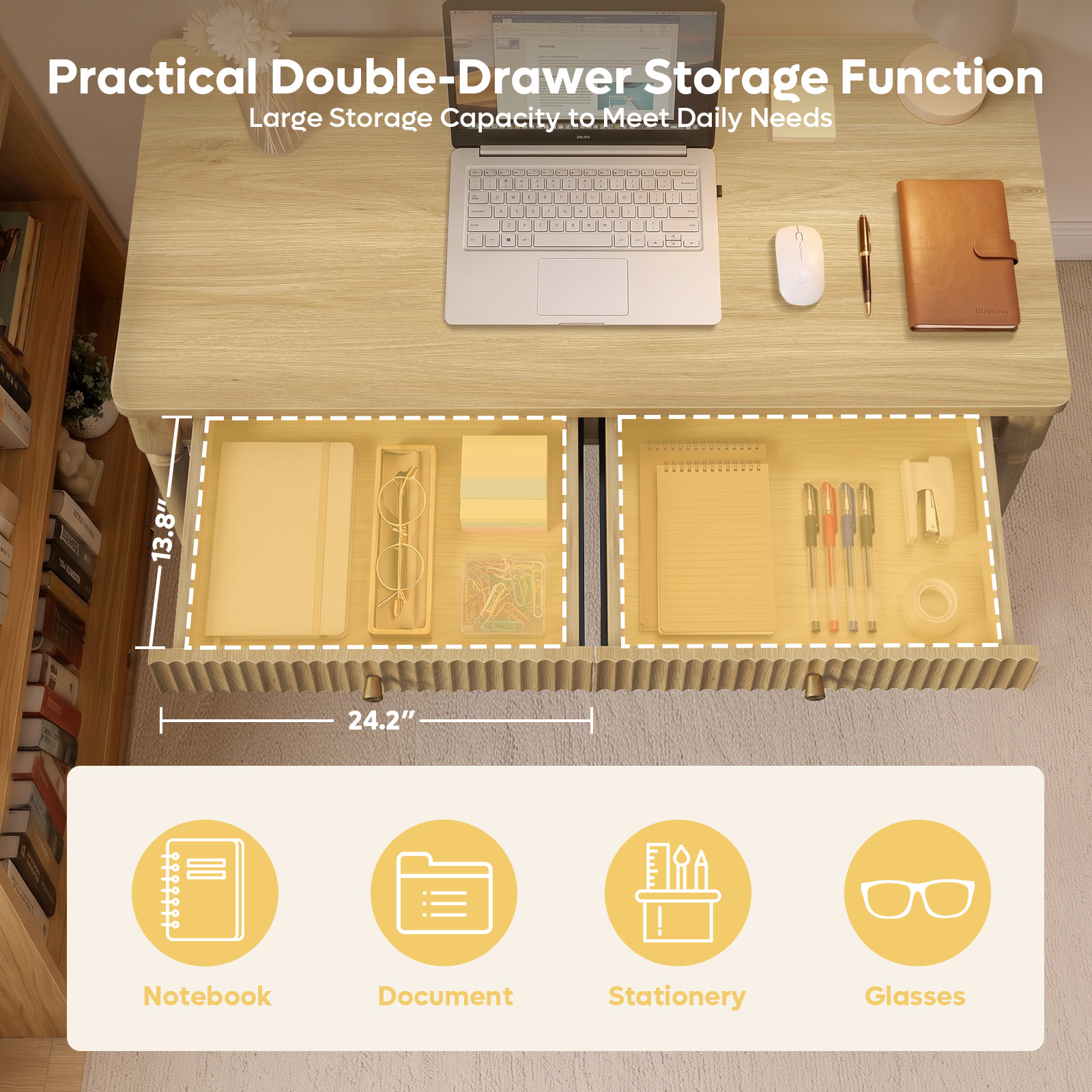 Bestier Wooden Writing Desk with Drawers, Natural Oak photo 2