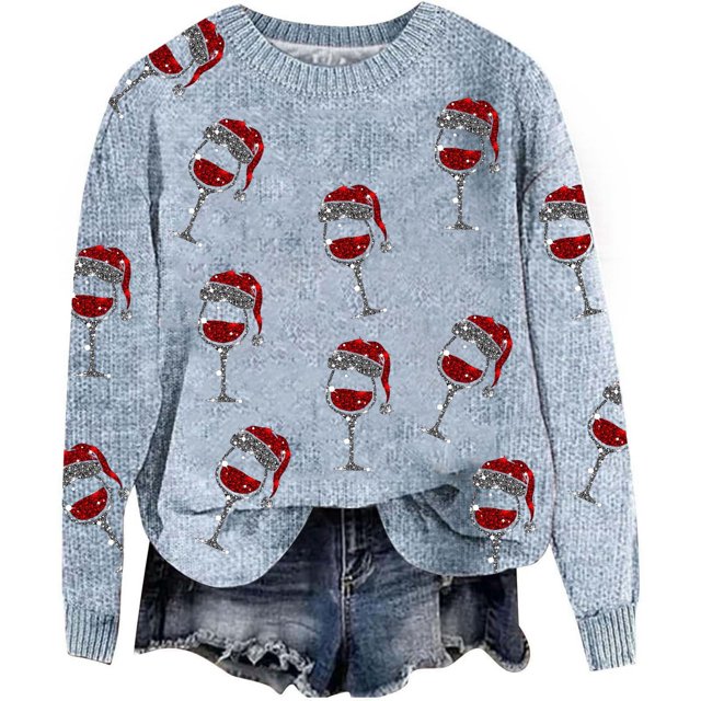 WEAIXIMIUNG Chandails Courts pour Femmes Automne/hiver Mode Chandail d'Extérieur Col Rond Imprimé de Noël Tricot Grossier Chandail à Enfiler Chandail à Capuchon Haut
