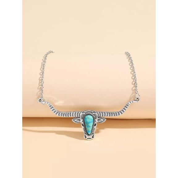 EOEMY Turquoise Bull Head Decor Necklace Western Style Necklace Vintage Style Jewelry-Default