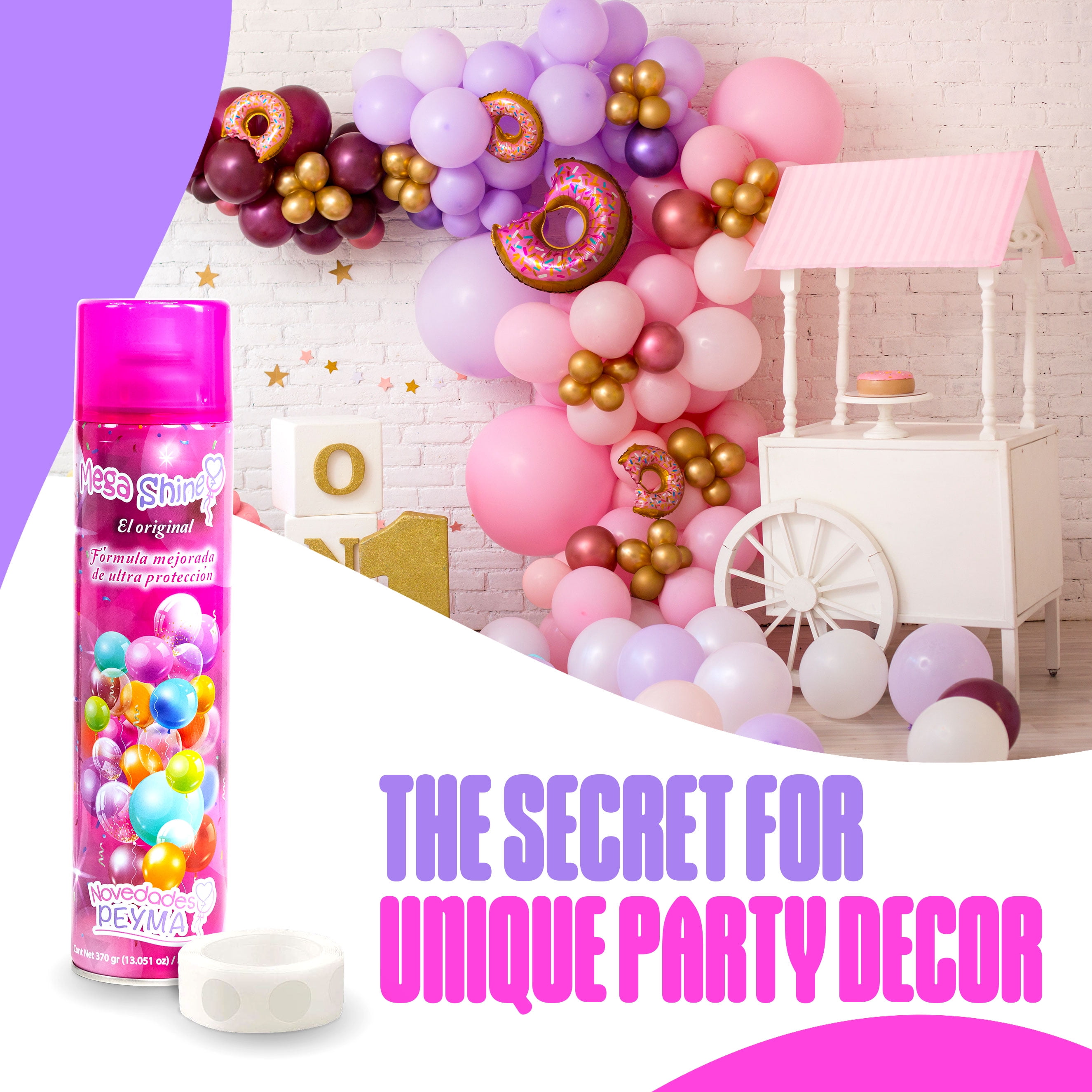 100 ⁠Sticky Dots Bundle with Mega Shine, Balloon Shine Spray, Silicone Spray, Waterproof Balloon Spray Shine, Cherry Scent, 570ml