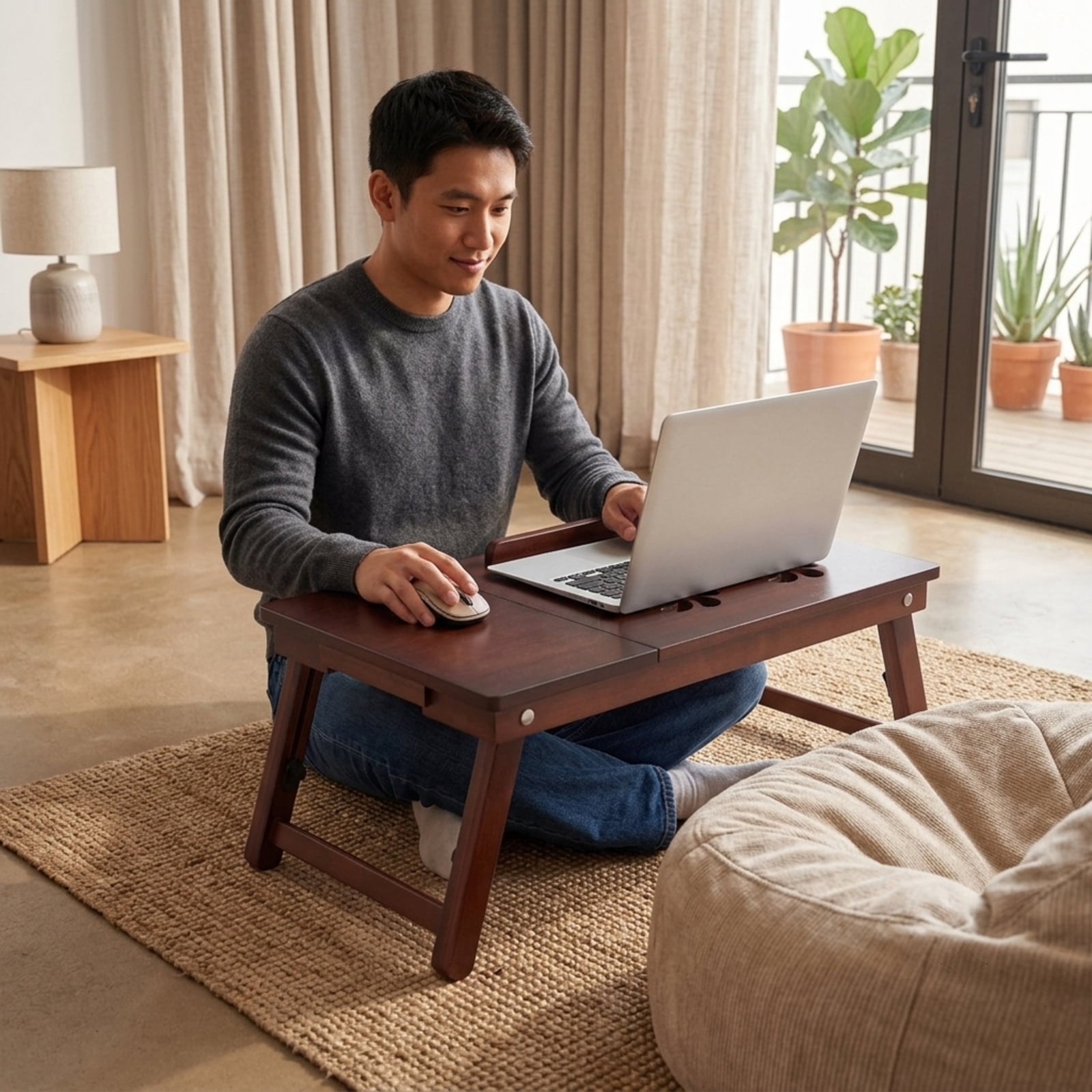 Furnibear Adjustable Bamboo Laptop Desk with Tilting Top Foldable Legs and Side Storage Drawer for Bed Sofa and Study, Brown