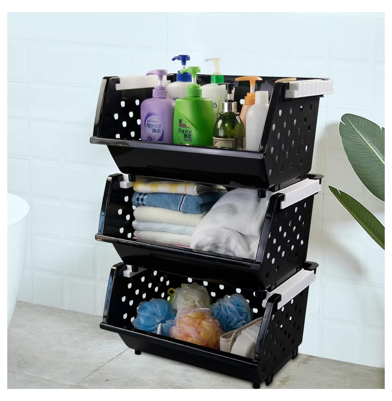 3-Pack Plastic Stackable Organizer Basket, Stacking Storage Basket, Black