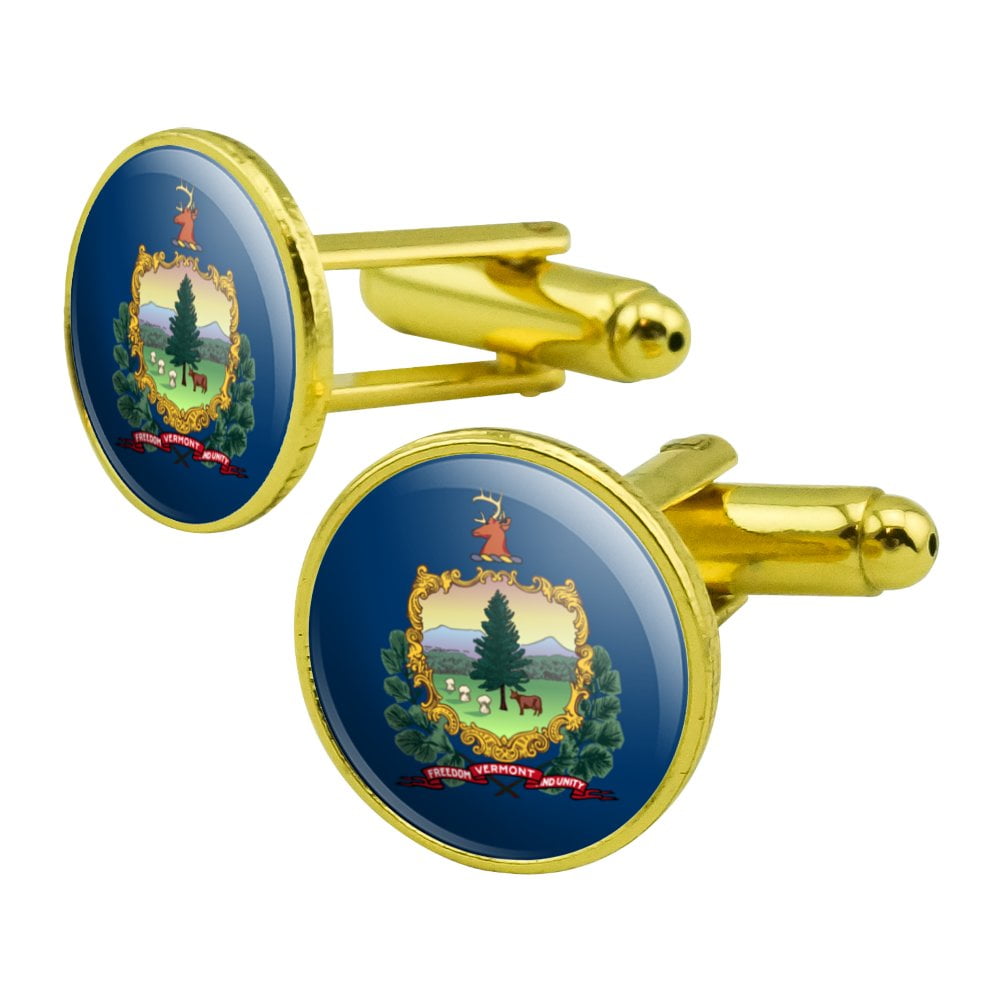 Vermont State Flag Round Cufflink Set Gold Color