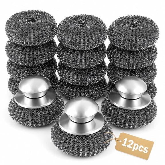 12 Pcs Steel Wool Scrubber,3 Ergonomic Handle Holders for Stainless Steel Scrubber Set, Steel Wool Pads & Metal Scrubber Scouring Pads for Dishes,Stoves,Pots and Pans,Grill,Wash Sink