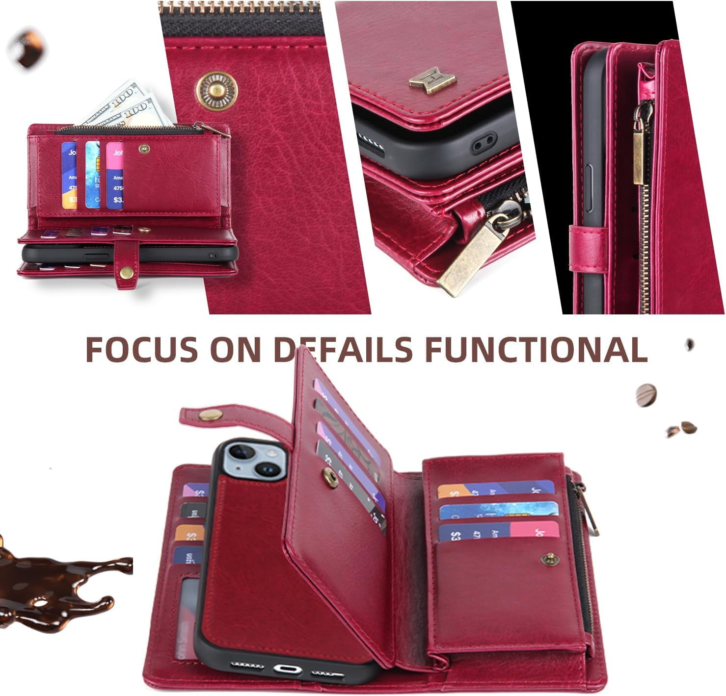 Phone Case Wallet Case Compatible for iPhone 15,iPhone 15 Multifunctional 2 in 1 Magnetic Case Wallet,Durable PU Leather Flip Lanyard Strap Wristlet Zipper Card Holder  for iPhone 15
