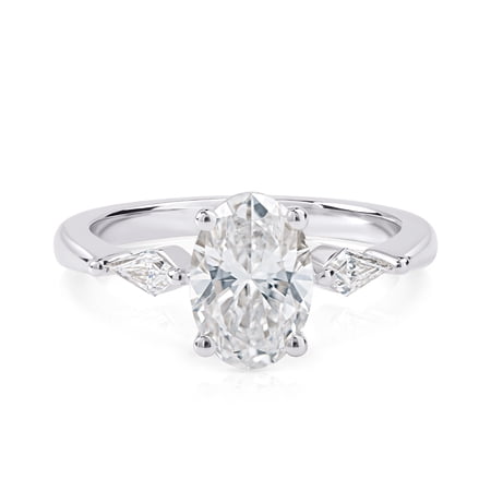 14k White Gold Plated 1.5 CT Oval Moissanite Engagement Ring Three Stone Kite Side Accents Ring for Women
