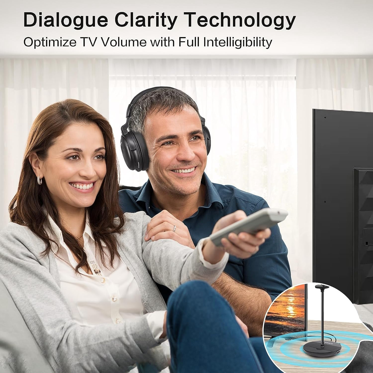 SIMOLIO Wireless Headphones for TV Watching with Transmitter/Charging Stand 2-in-1, Wireless TV Headphones w/Dialogue Clarity & BAL & Tone Control, by-Pass, Spare Battery, SM829D1-W (New)