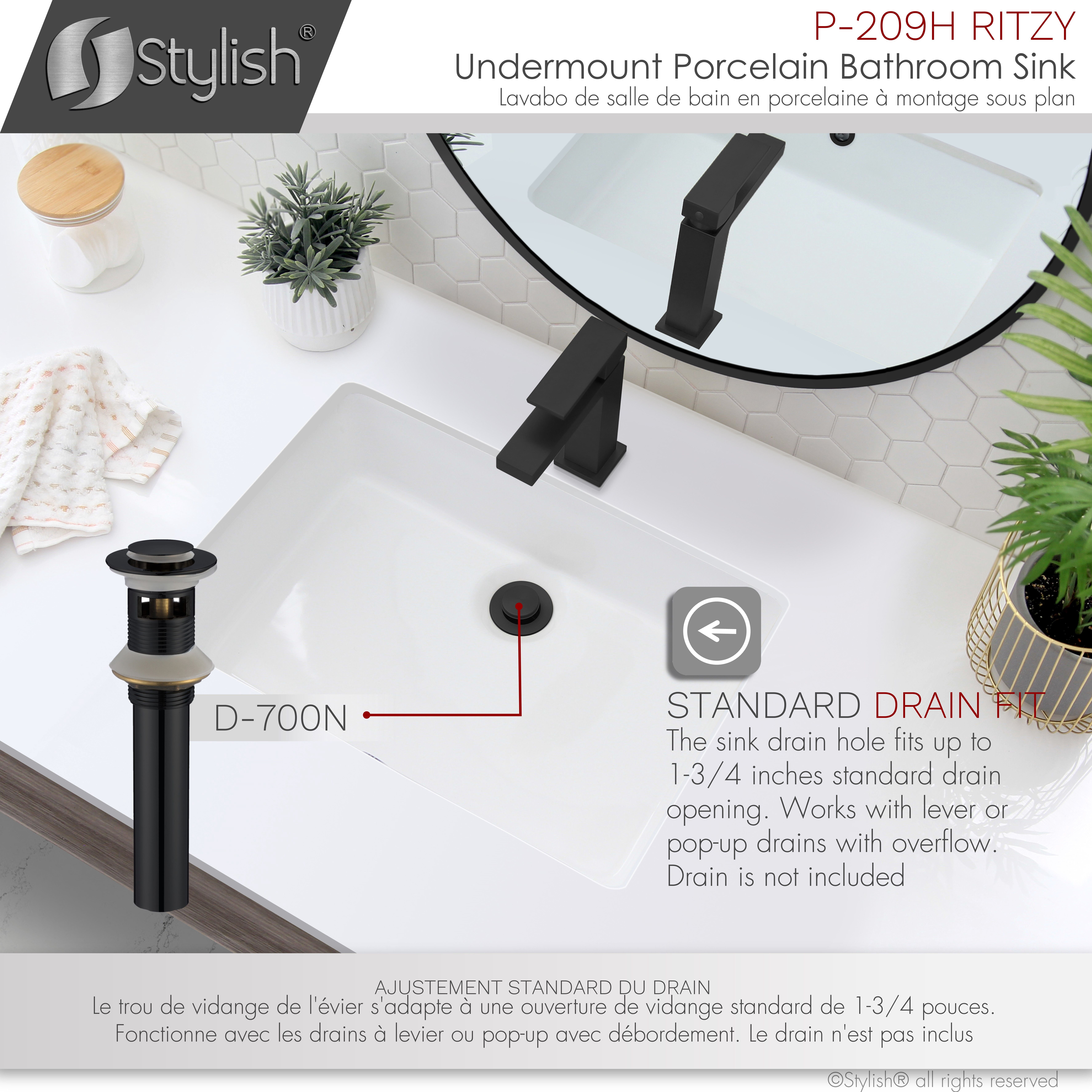 Stylish Undermount 20.37" W x 14.25" D White Rectangular Porcelain Bathroom Sink with 2 overflow rings P-209H