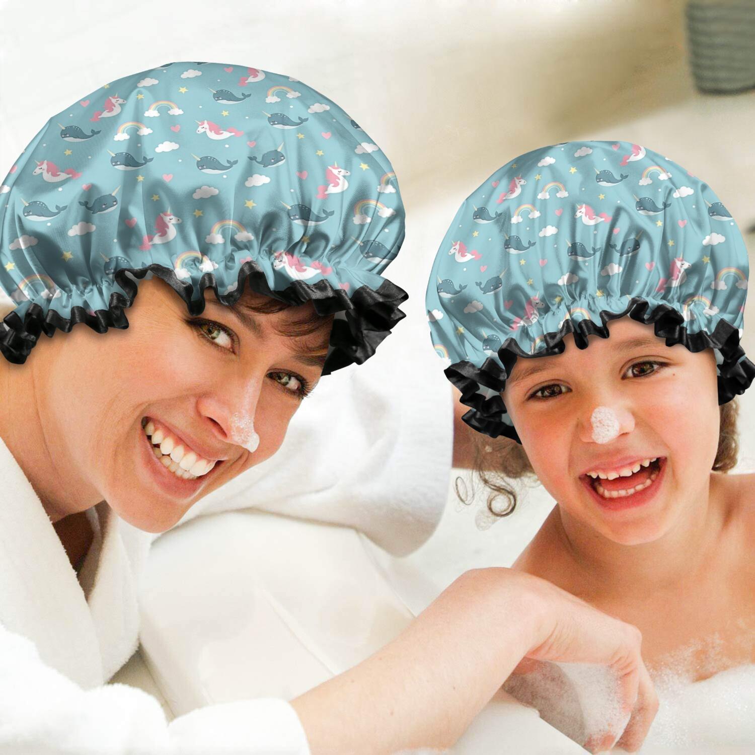 Shower Caps,Blue Cartoon Unicorn and Narwhal Rainbow Cloud Waterproof Shower Cap for Women 4 Pieces,Double Reusable Hair Cover for Shower PEVA Elastic Stretch Hem