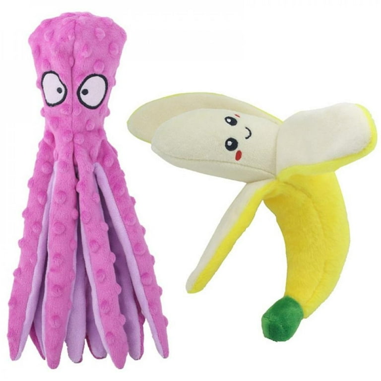 Popvcly Dog Squeaky Toys 2 Pack Octopus Banana- No Stuffing Crinkle Plush  Dog Toys for Puppy Teething, Durable Interactive Dog Chew Toys for Small to