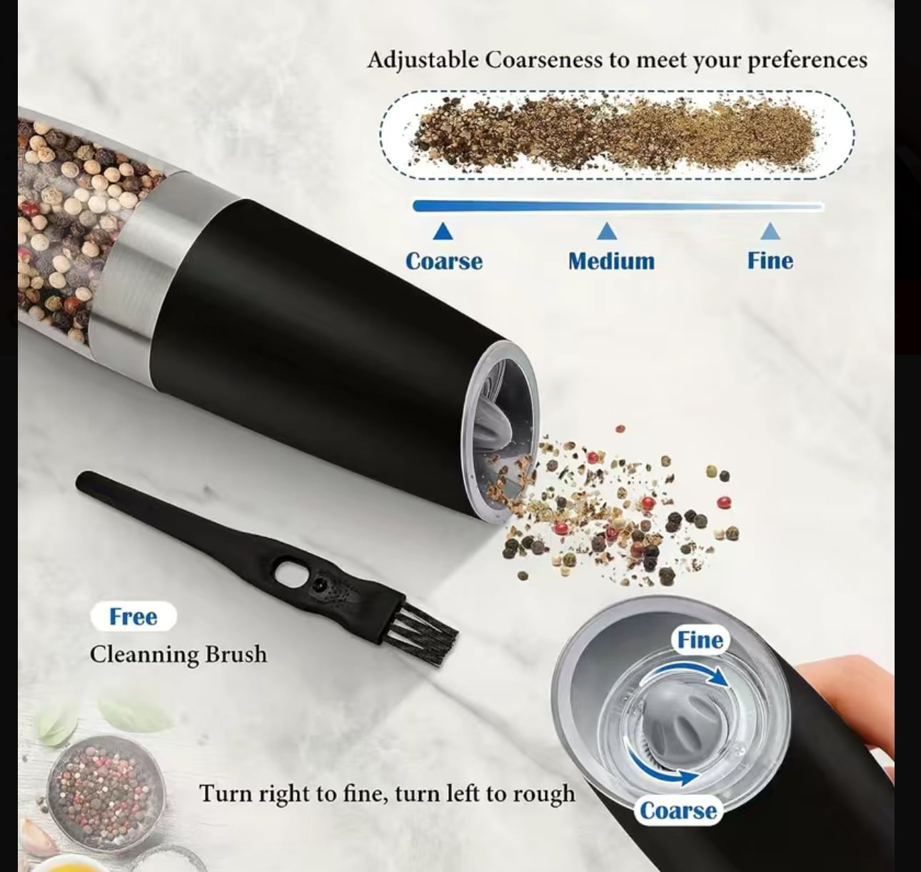 2pcs Set Gravity Electric Pepper Grinder, Salt Or Pepper Grinder And Adjustable Coarseness, Battery Operated With LED Light, One Hand Automatic Operation, Stainless Steel