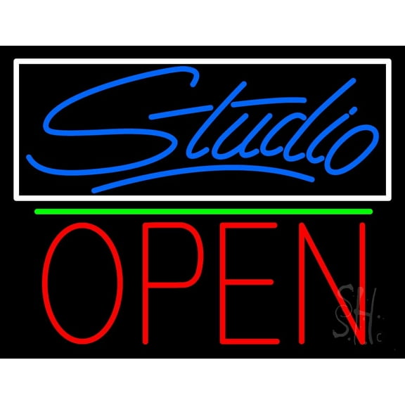 Blue Studio With Open 1 LED Neon Sign 24 x 31 - inches, Clear Edge Cut Acrylic Backing, with Dimmer - Bright and Premium built indoor LED Neon Sign for art gallery, and exhibition.